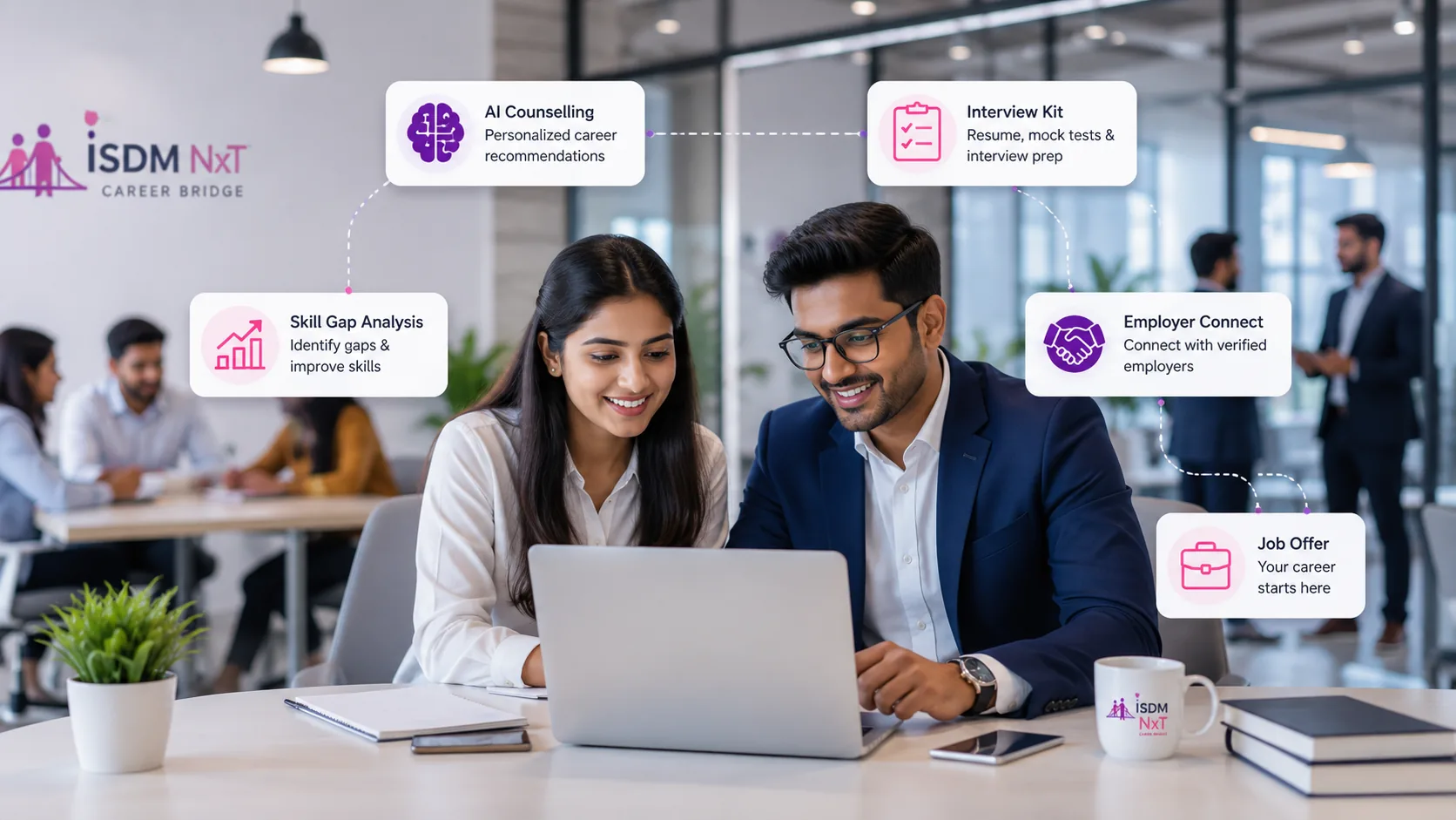 Indian student and employer mentor working on a laptop in a modern office