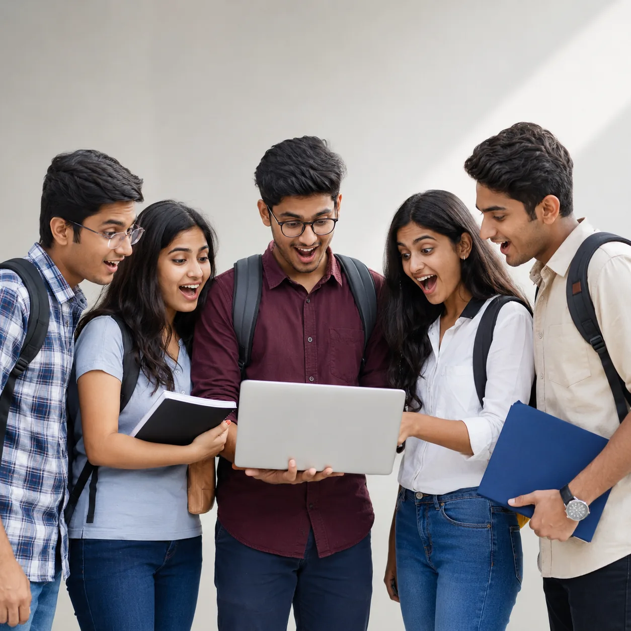Students celebrating placement success with laptop