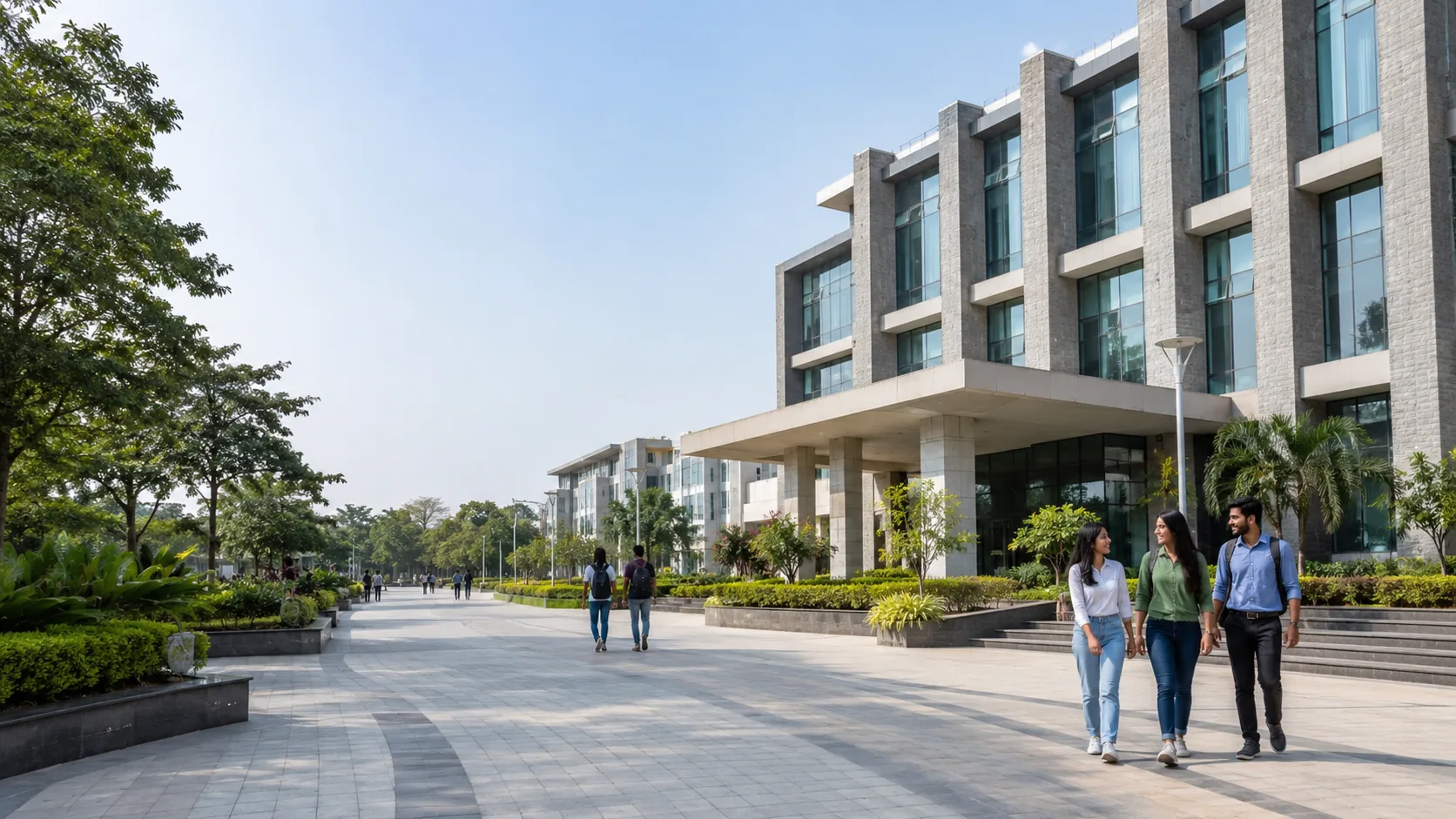 Students walking inside a modern college campus