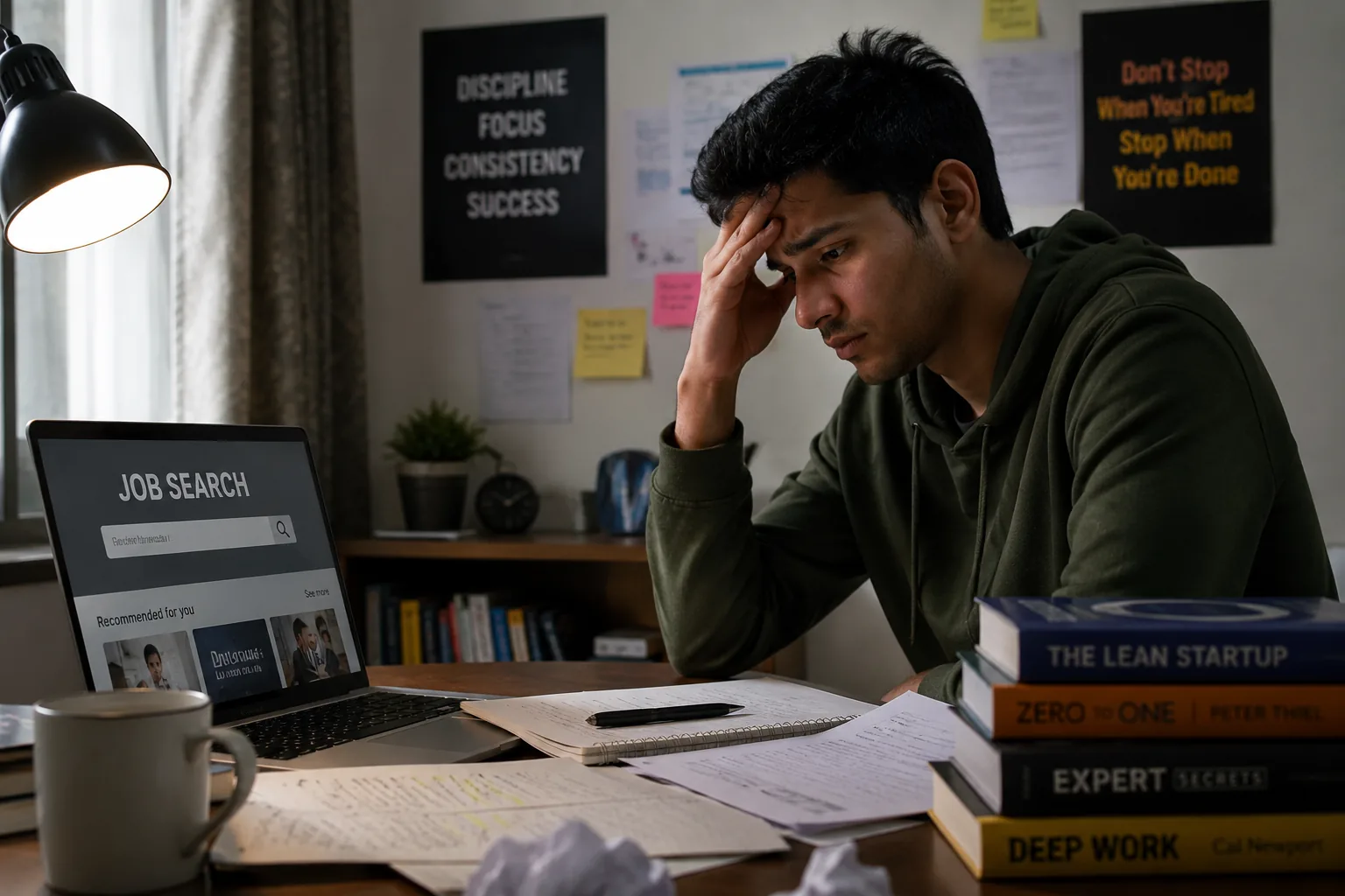 Worried student reviewing placement preparation on laptop